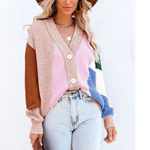 Color Block Button Front Oversized Knit Chunky Sweater Cardigan Slouchy Jacket - Picture 3 of 8